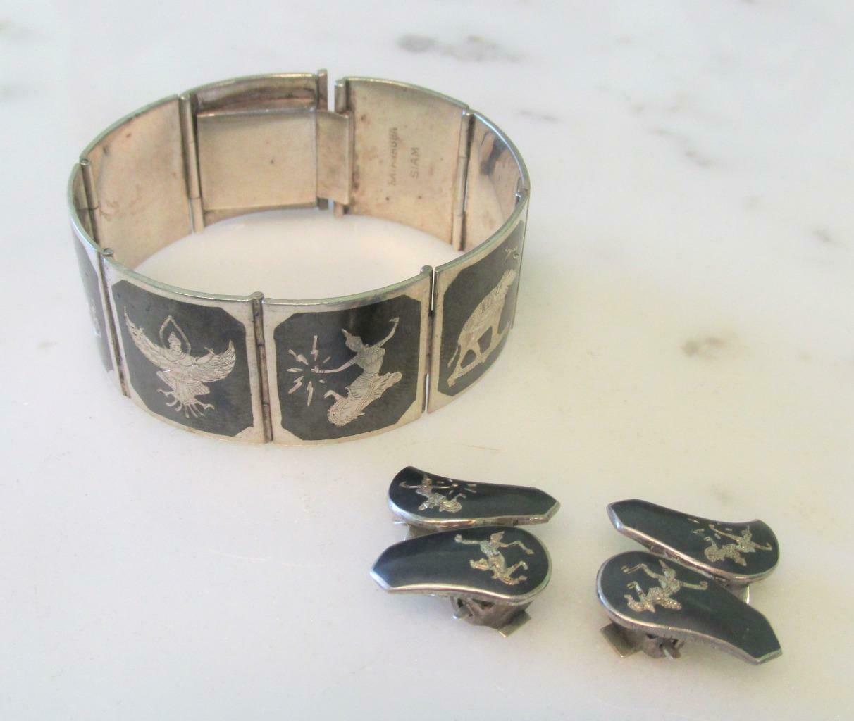 Sterling Silver Siam Panel Bracelet & Clip-on Earrings Set ~ 49.6g ~ 4-h398
