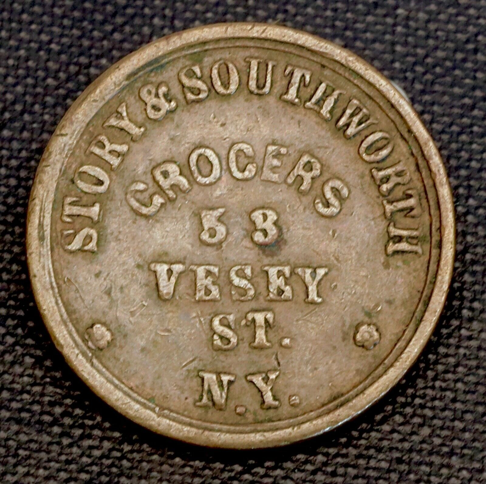 1863 Civil War Token - Story & Southworth Grocers - New York N.y.
