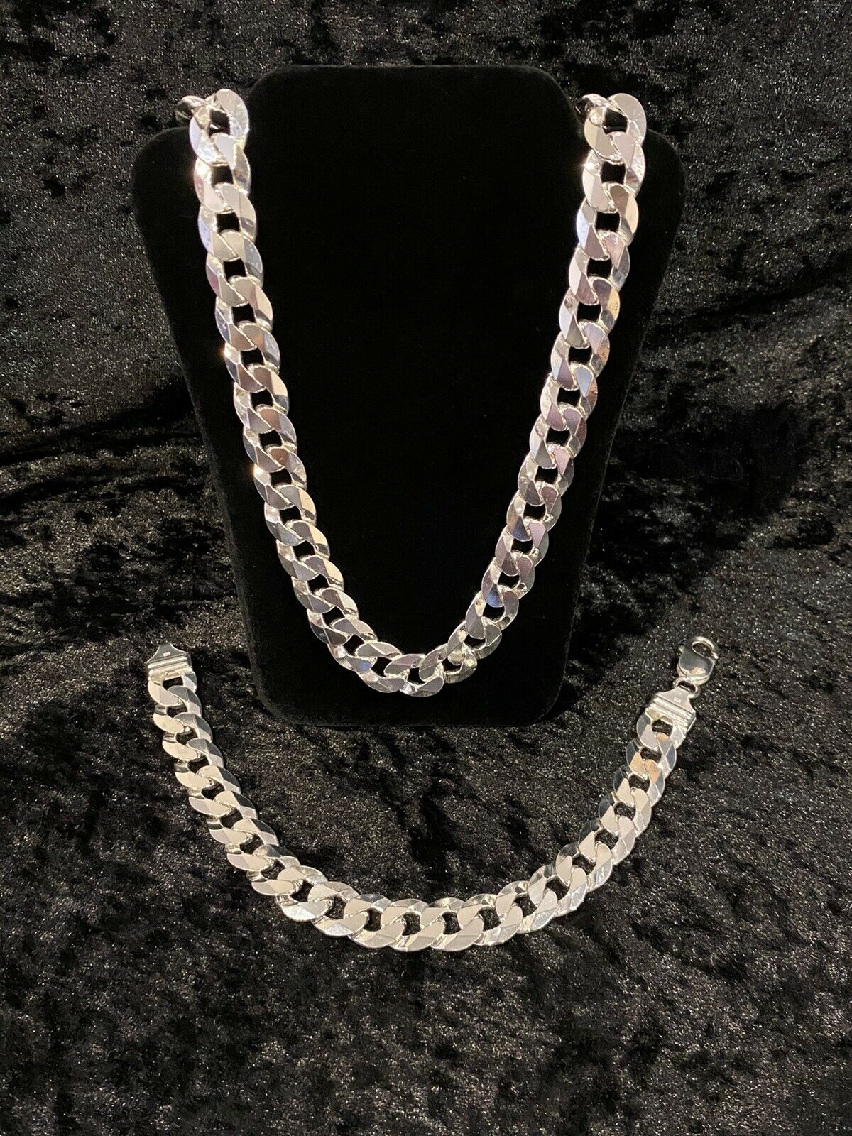 .925 Sterling Silver Curb Cuban Link Chain Necklace 28" Long & Bracelet 9" Set