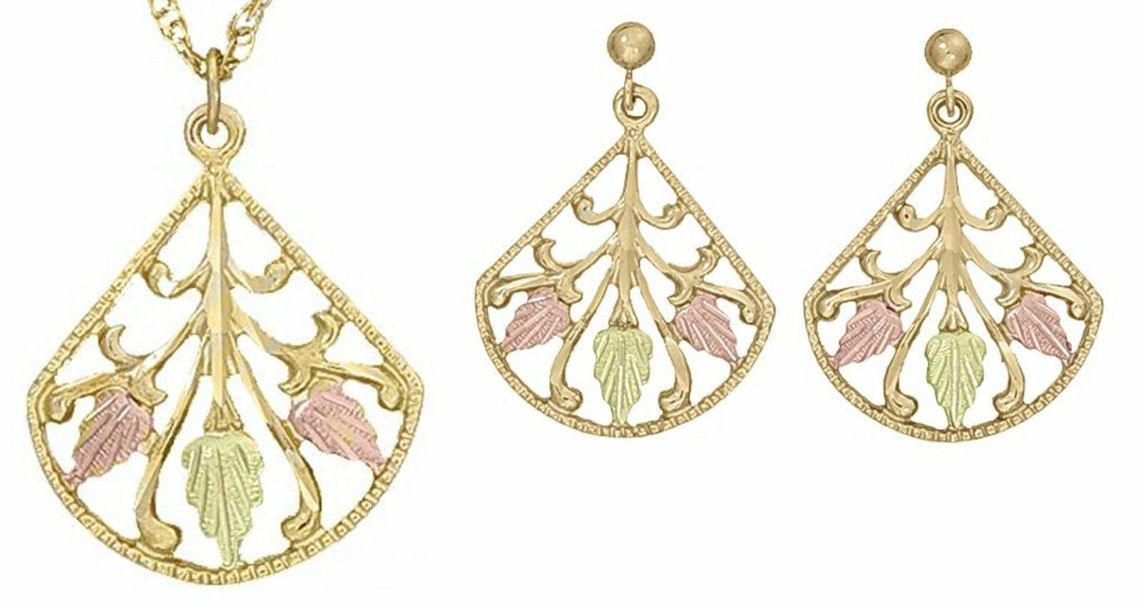 Ladies Dakota Black Hills Gold 10k 3 Leaf Fan Jewelry Set With Studs & 18" Chain